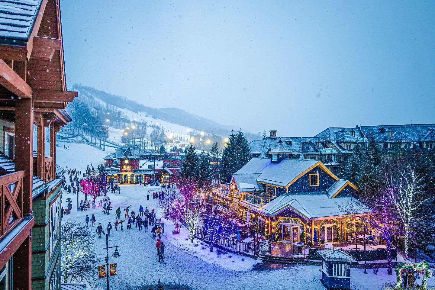 A view of the Holiday Magic Light Trail in the Village Events Plaza from the balcony of a suite in Weider Lodge.