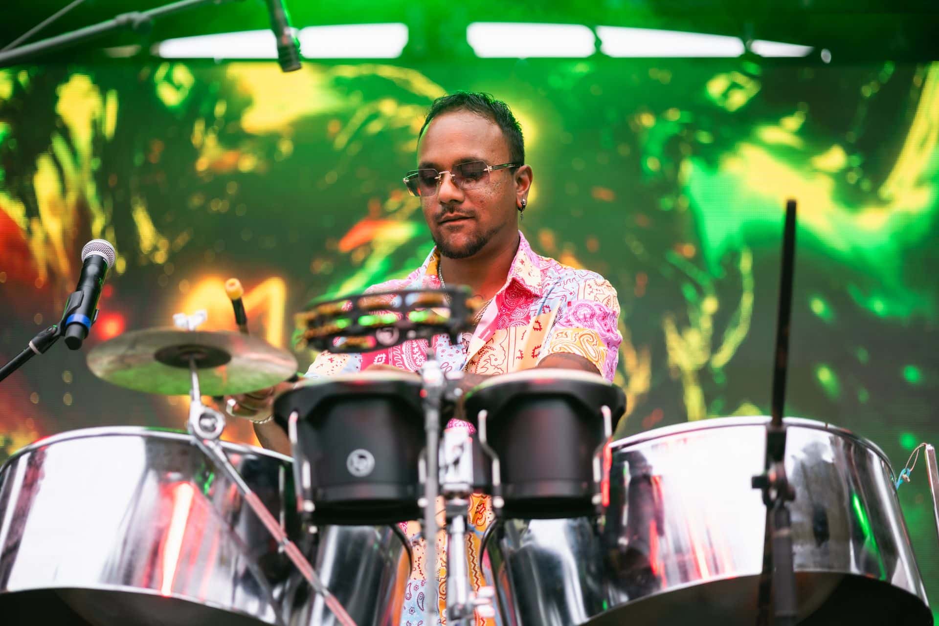 Aaron “LoveSounD” Seunarine playing the steel drums live on the Subaru Stage for Reggae on the Mountain.
