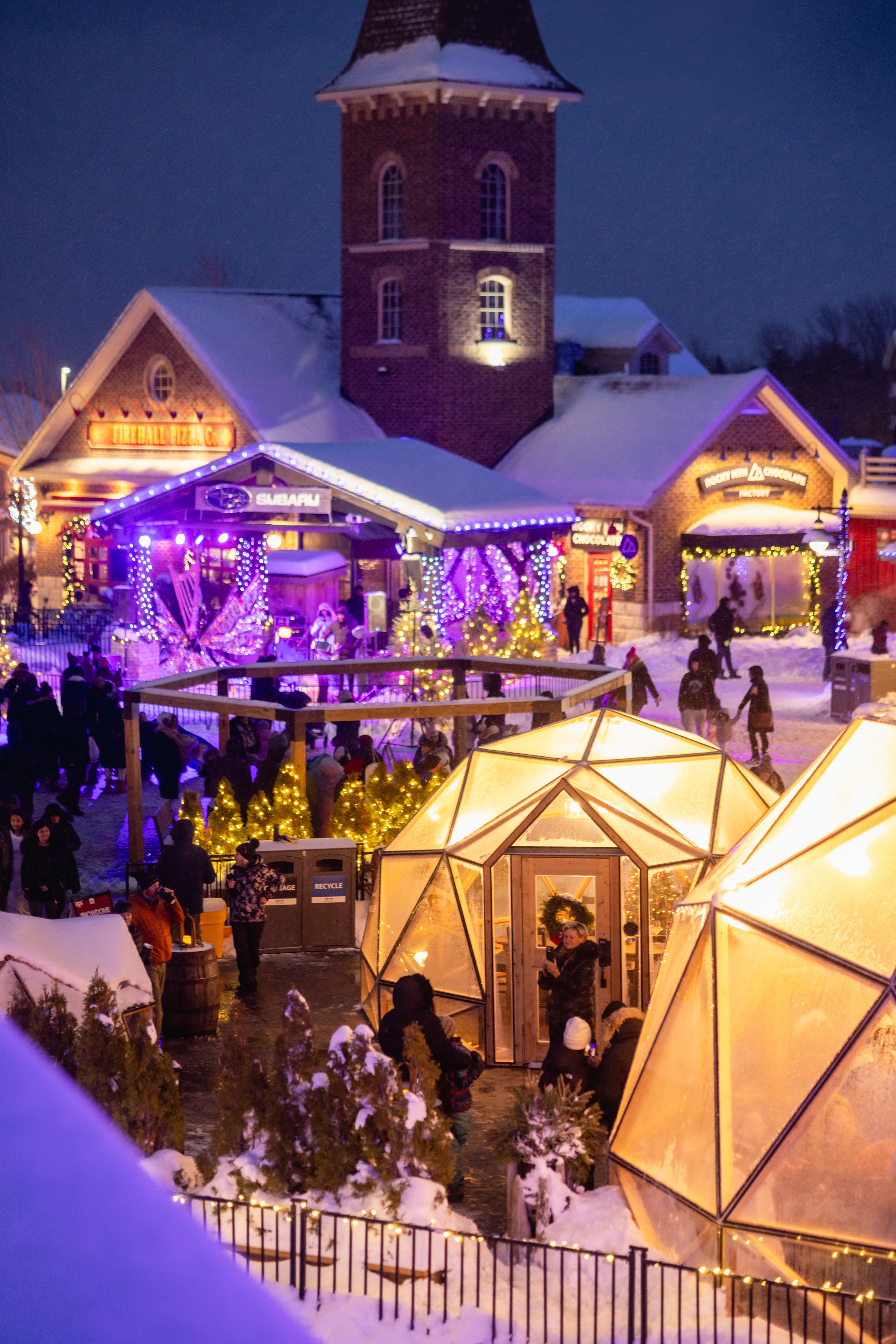 A stunning view of the Snowdome Cocktail Garden glowing in gold, contrasting against the purple and blue Light Trail during Holiday Magic in the Village.