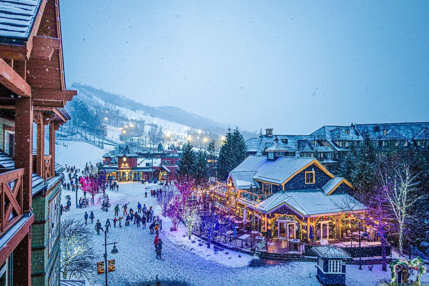A view of the Holiday Magic Light Trail in the Village Events Plaza from the balcony of a suite in Weider Lodge.