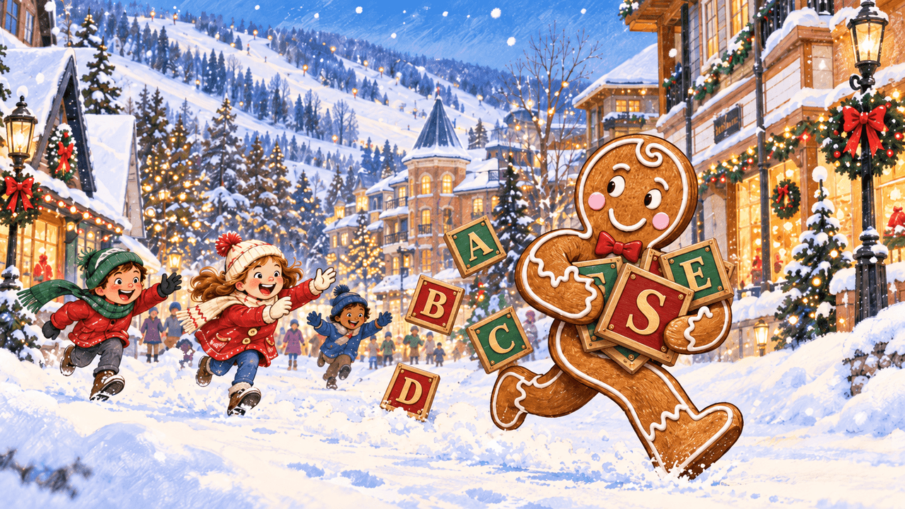 A festive cartoon illustration of a gingerbread man being chased through the Blue Mountain Village streets during the holidays as a representation of The Gingerbread Escape Scavenger Hunt 2026