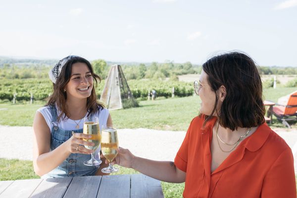 Two friends cheers on a farm patio on the Apple Pie Trail.