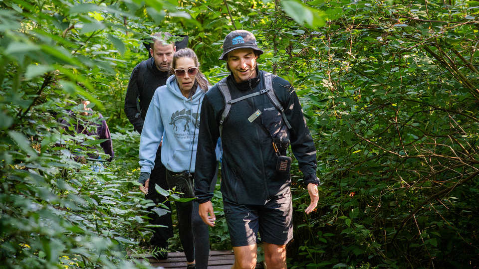 A group hiking along the forested trails of Blue Mountain Resort's Explore Park on a sunny afternoon.