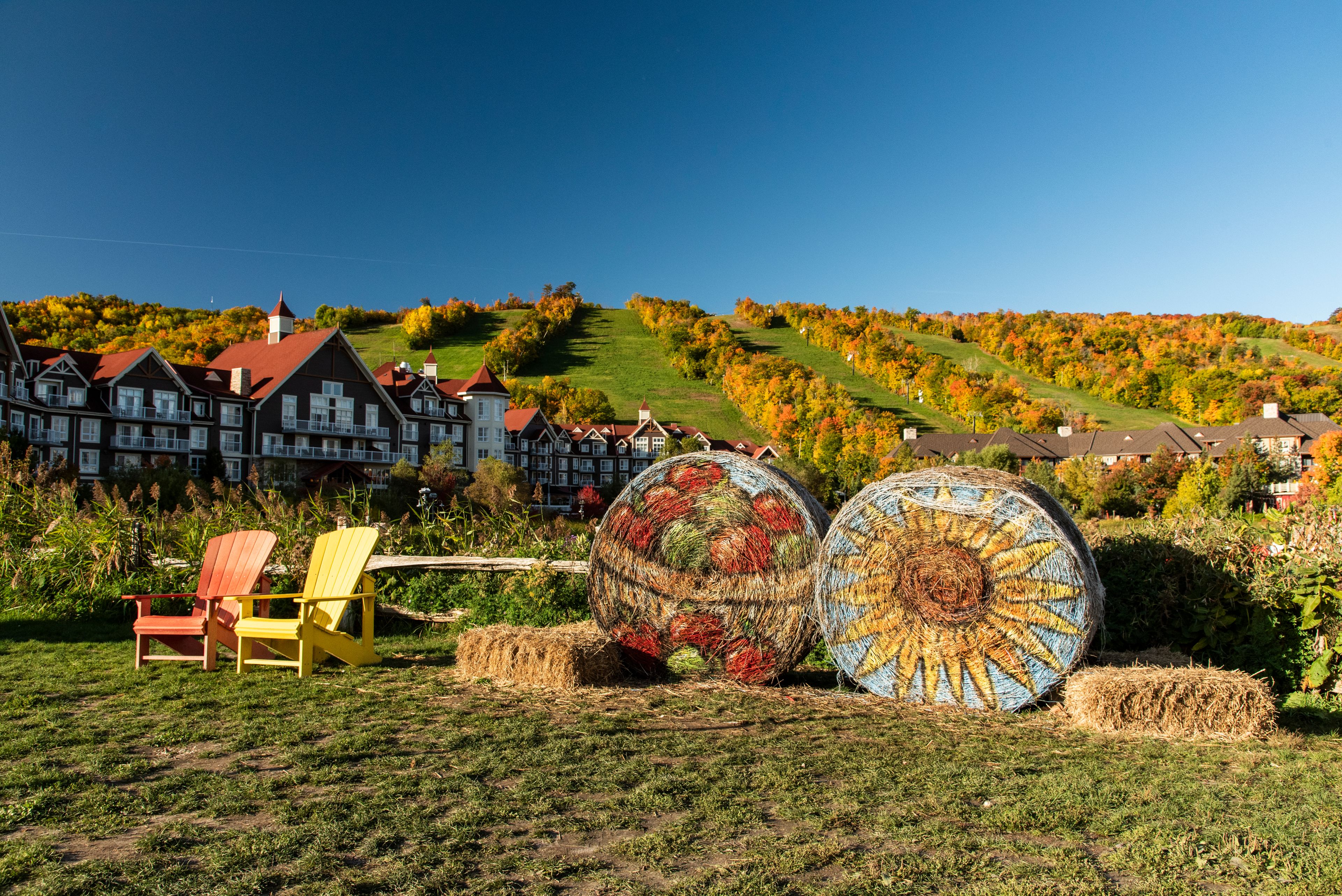 A beautiful landscape shot of Blue Mountain in it's fall colours. This picture includes decorated hay bales in celebration of Apple Harvest Weekend at Blue.