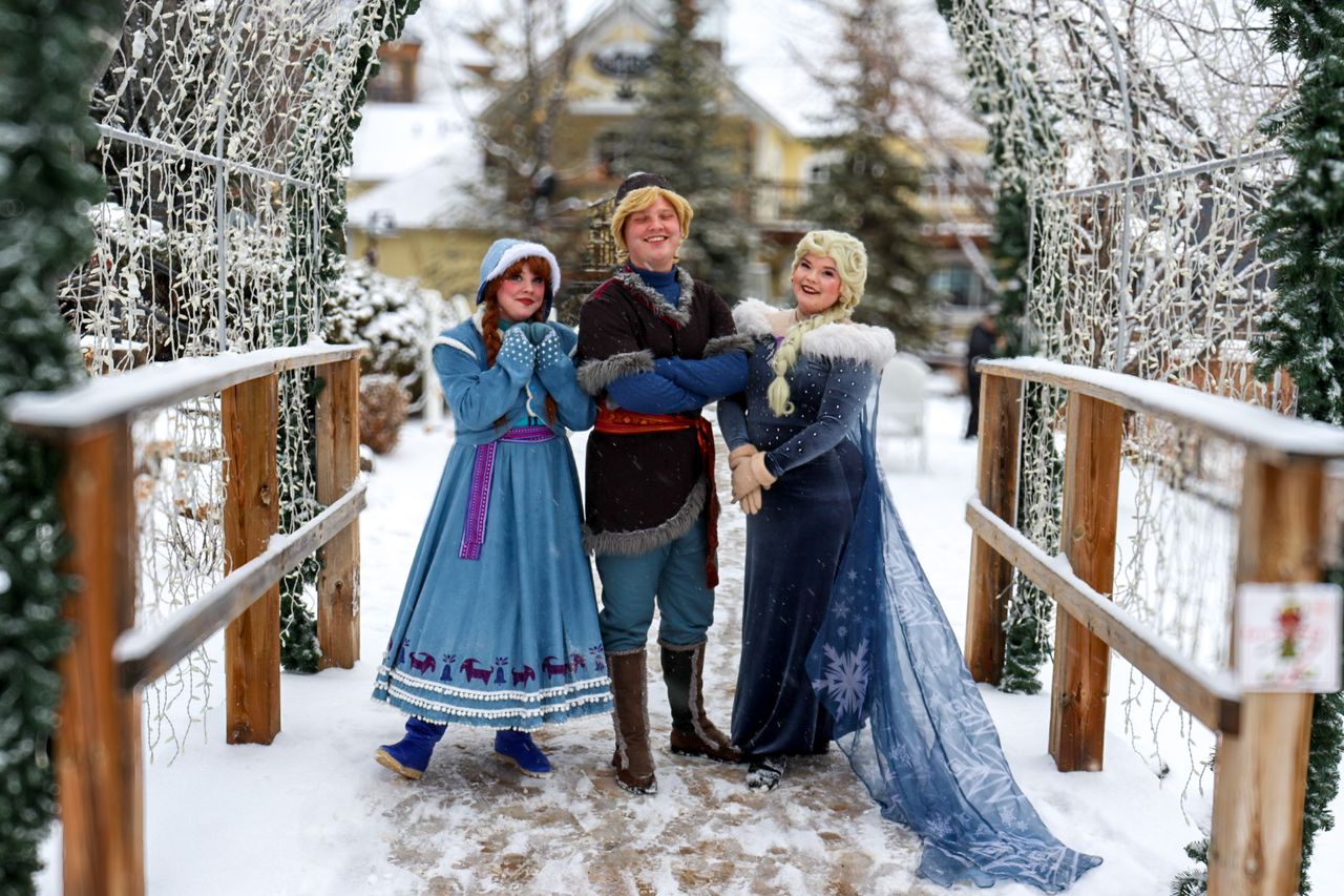 A trio of familiar frozen characters roaming through the village pathways on a snowy winters afternoon at Blue.